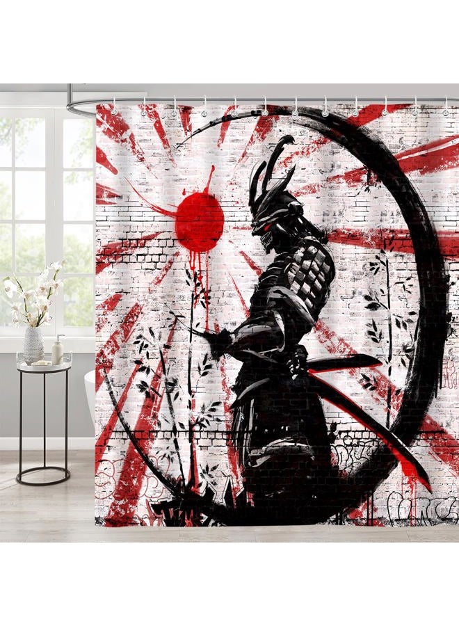 iTapnoom Japanese Samurai Anime Shower Curtain Set, Cool Anime Red and Black Sun Moon Art Decor Fabric Shower Curtains Sets for Men Bathroom Asian Japan Male Bath Accessories with Hooks 72 X 72 inch - Image 1