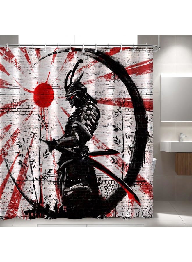 iTapnoom Japanese Samurai Anime Shower Curtain Set, Cool Anime Red and Black Sun Moon Art Decor Fabric Shower Curtains Sets for Men Bathroom Asian Japan Male Bath Accessories with Hooks 72 X 72 inch - Image 3