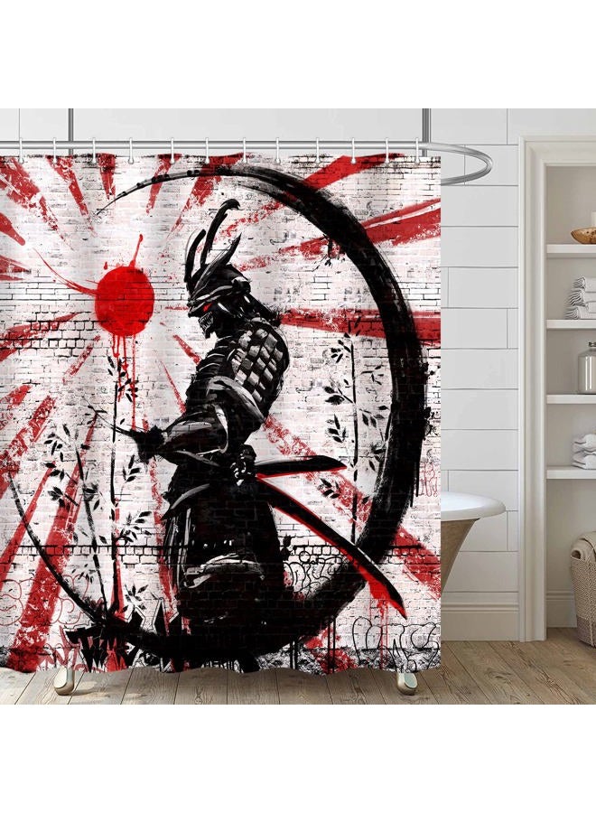 iTapnoom Japanese Samurai Anime Shower Curtain Set, Cool Anime Red and Black Sun Moon Art Decor Fabric Shower Curtains Sets for Men Bathroom Asian Japan Male Bath Accessories with Hooks 72 X 72 inch - Image 2