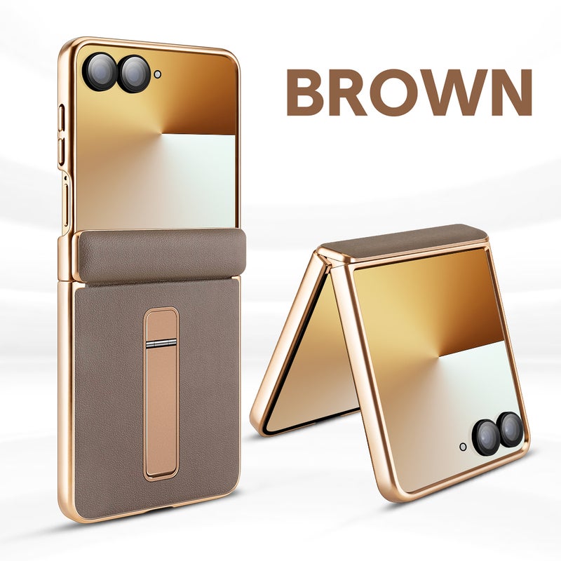 Hard PC Base Leather Mobile Phone Protective Case For Samsung Series Z Flip7/Z Flip6, Full Hinge Protection (Golden) - Image 1