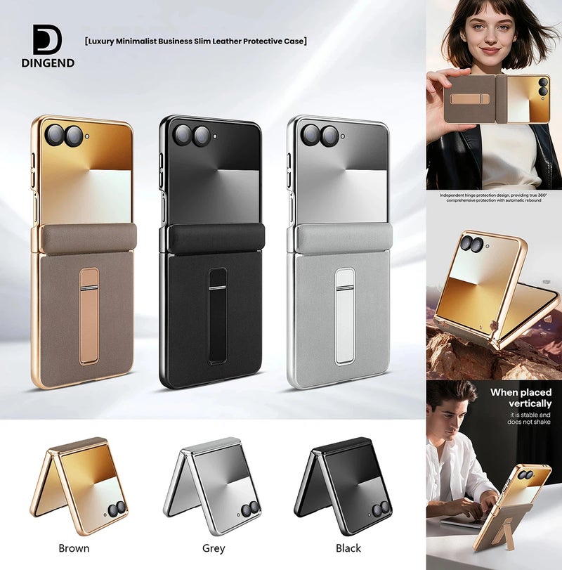 Hard PC Base Leather Mobile Phone Protective Case For Samsung Series Z Flip7/Z Flip6, Full Hinge Protection (Golden) - Image 2