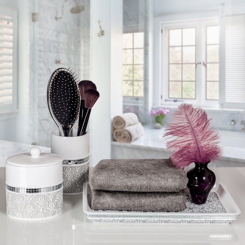 Creative Scents Mirror Damask Qtip Holder - Decorative Qtip Holder Canister Jar, Durable Cotton Swab Ball Holder/Container - Bathroom Vanity Accessories (Gray & White) - Image 2