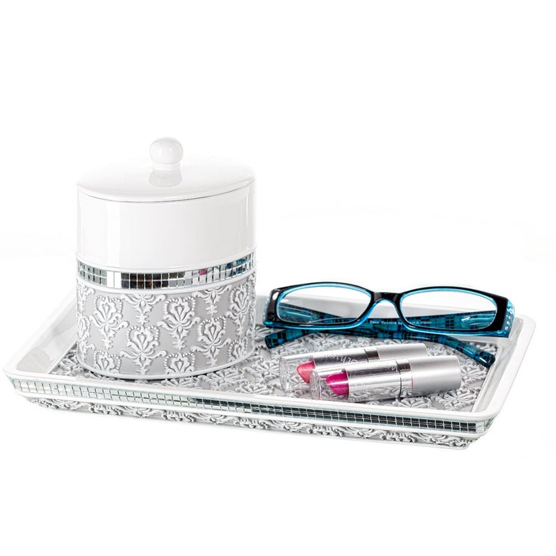 Creative Scents Mirror Damask Qtip Holder - Decorative Qtip Holder Canister Jar, Durable Cotton Swab Ball Holder/Container - Bathroom Vanity Accessories (Gray & White) - Image 4