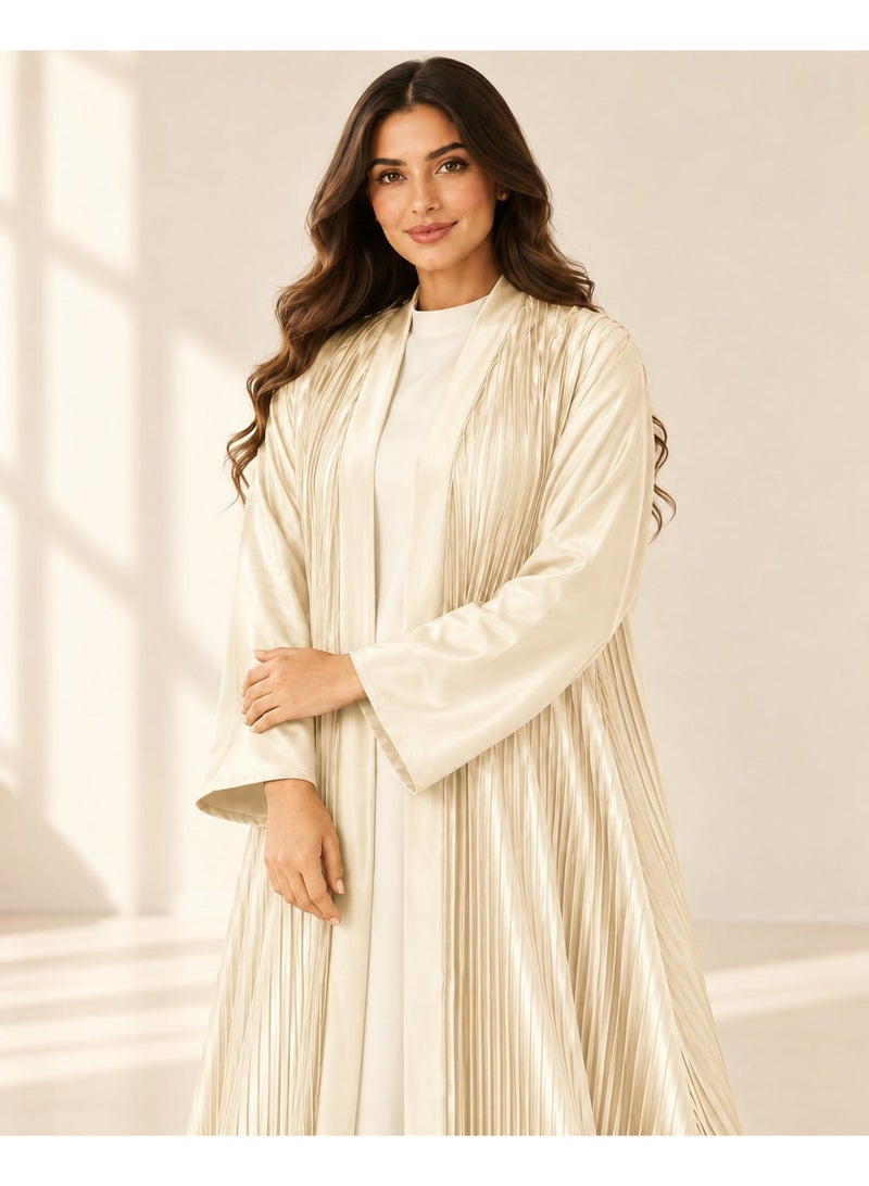 KAVALEE Women's Cream Pleated Satin Open Abaya with Front Band - Image 3