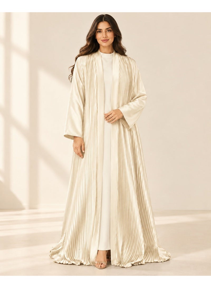 KAVALEE Women's Cream Pleated Satin Open Abaya with Front Band - Image 1