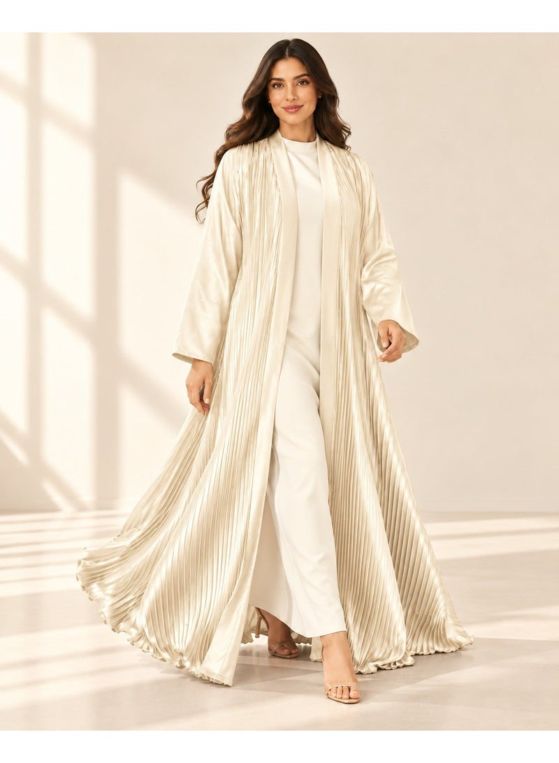 KAVALEE Women's Cream Pleated Satin Open Abaya with Front Band - Image 2