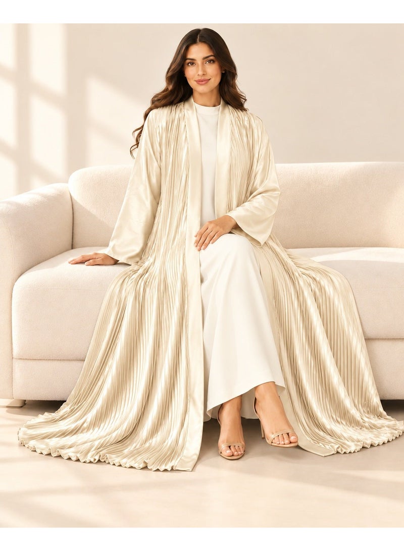 KAVALEE Women's Cream Pleated Satin Open Abaya with Front Band - Image 5
