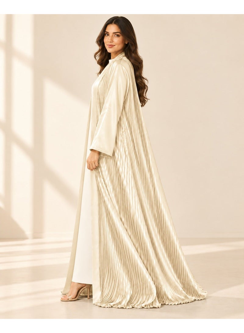 KAVALEE Women's Cream Pleated Satin Open Abaya with Front Band - Image 4