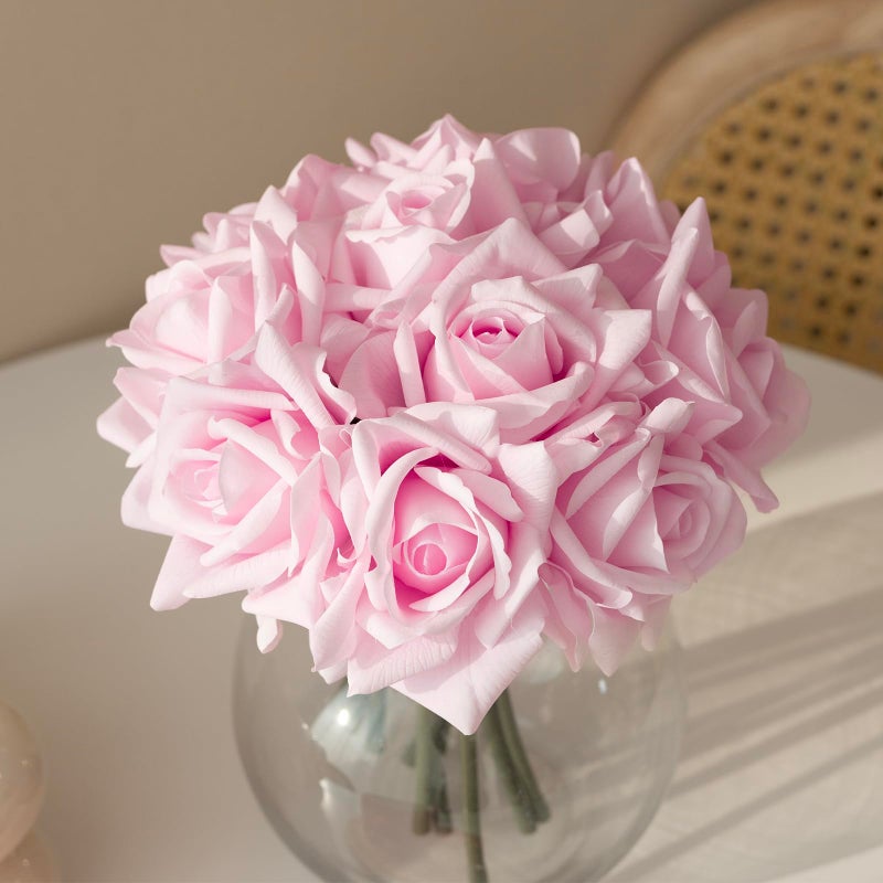 DUYONE Artificial Roses Single Stem 10pcs Fake Silk Flower Arrangement Bouquet Real Touch for Home Party Wedding DecorationLight Pink