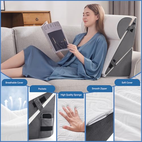 Negwoo Wedge Pillow Set for After Surgery, 3 PCS Bed Wedge Pillow for Sleeping, Memory Foam Orthopedic Back Pillow for Pain Relief and Acid Reflux, Adjustable Post Surgery Pillow Grey - Image 4