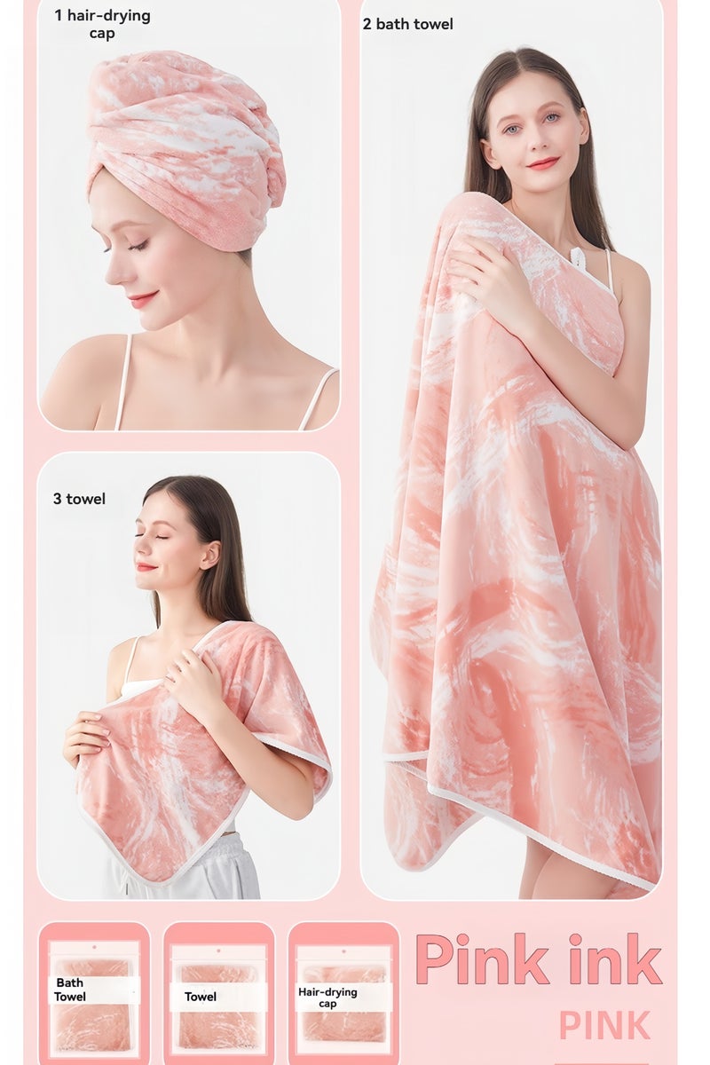 Bath Towels 3 Pack Absorbent Bath Towels Soft Spa Shower Towels with Quick Dry Cap and Towel for Home Sauna Beach 90x170cm (Ink Pink Coral Fleece) - Image 1
