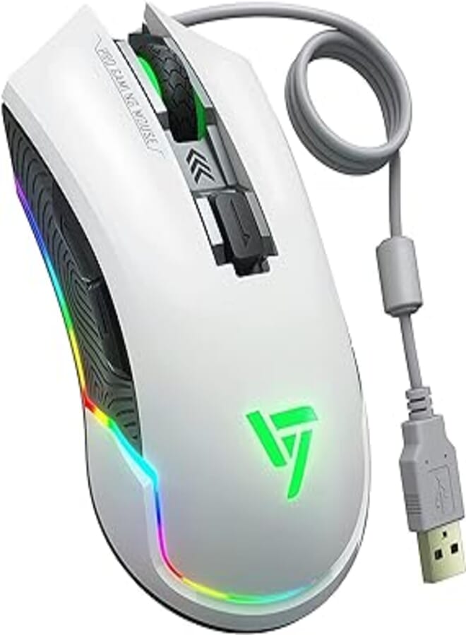 VicTsing Pro RGB Gaming Mouse Wired, 16.8 Million Chroma RGB Backlit, 7250 DPI Optical Sensor, 6 Programmable Buttons Computer USB Gaming Mice with 6 Adjustable DPI Levels, Ergonomic Grips -White