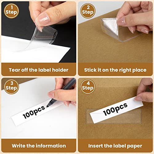 fuceury 100 Pieces Label Holders Adhesive Shelf Tag with Blank Index Card, Pockets Clear Shelf Tag Adhesive Label Pockets for Bookshelf Mailbox Shelves Storage Bins - Image 4