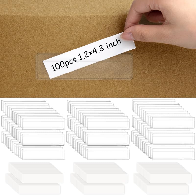 fuceury 100 Pieces Label Holders Adhesive Shelf Tag with Blank Index Card, Pockets Clear Shelf Tag Adhesive Label Pockets for Bookshelf Mailbox Shelves Storage Bins - Image 1