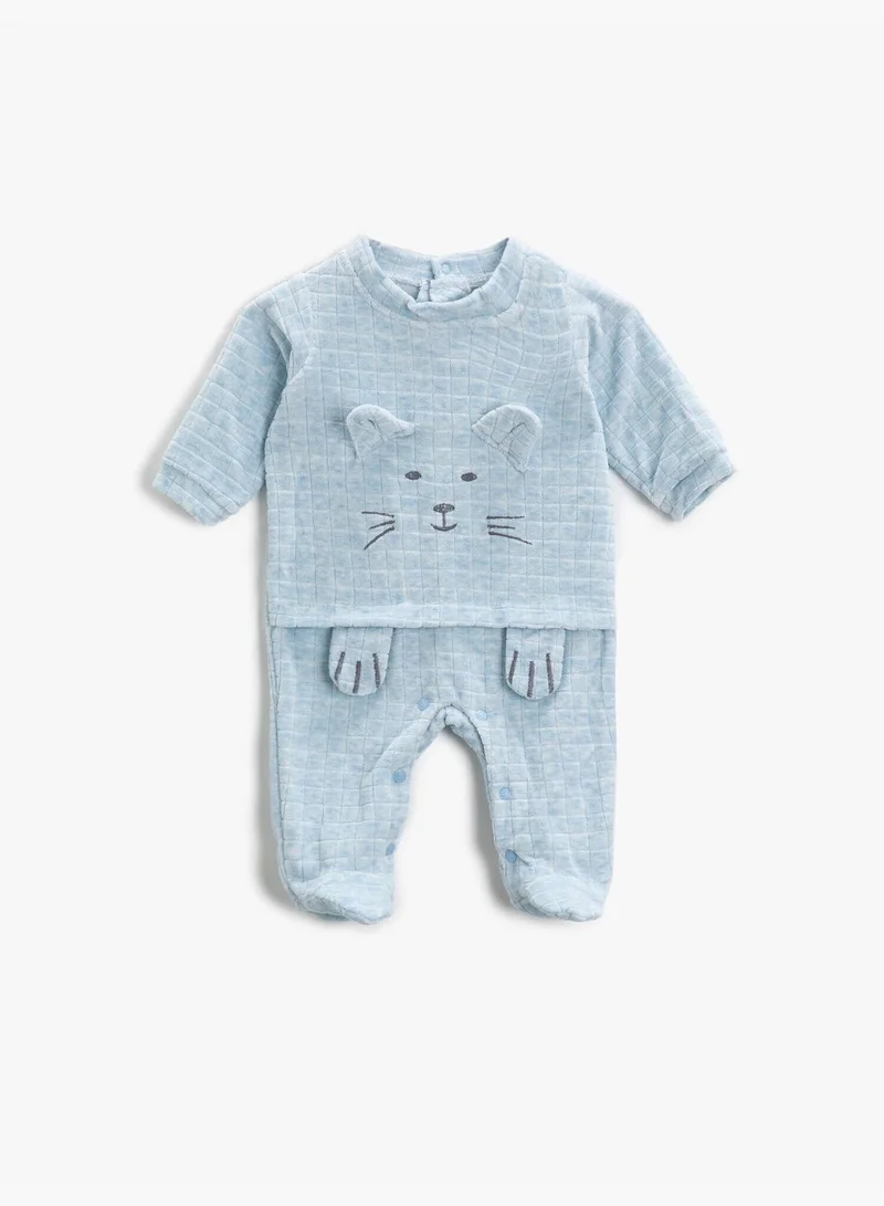 KOTON Long Sleeve Overalls Animal Figured Embroidered Cotton Bibaby