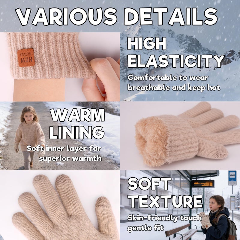 YukiniYa Kids Gloves Winter Thermal Double-Layer Knit Wool Fleece Lined Touchscreen for Boys Girls 4-18 Years Cold Weather - Image 4