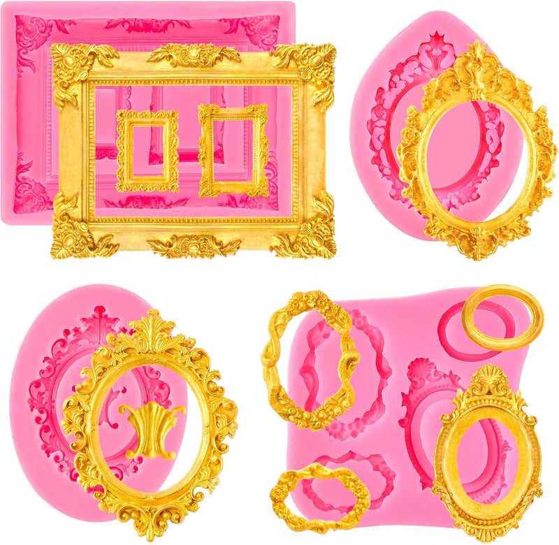 Puyeipt 4 Pcs Photo Frame Silicone Molds, Fondant Sugar Mold Chocolate Candy Molds for Cupcake Topper, Donut Cake Puck Decoration and Clay Craft Making (Style B) - Image 1