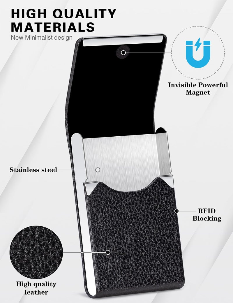 Padike Professional Business Card Holder PU Leather Business Card Case Name Card Holder Slim Metal Pocket Card Holder with Magnetic Shut (Black) - Image 2