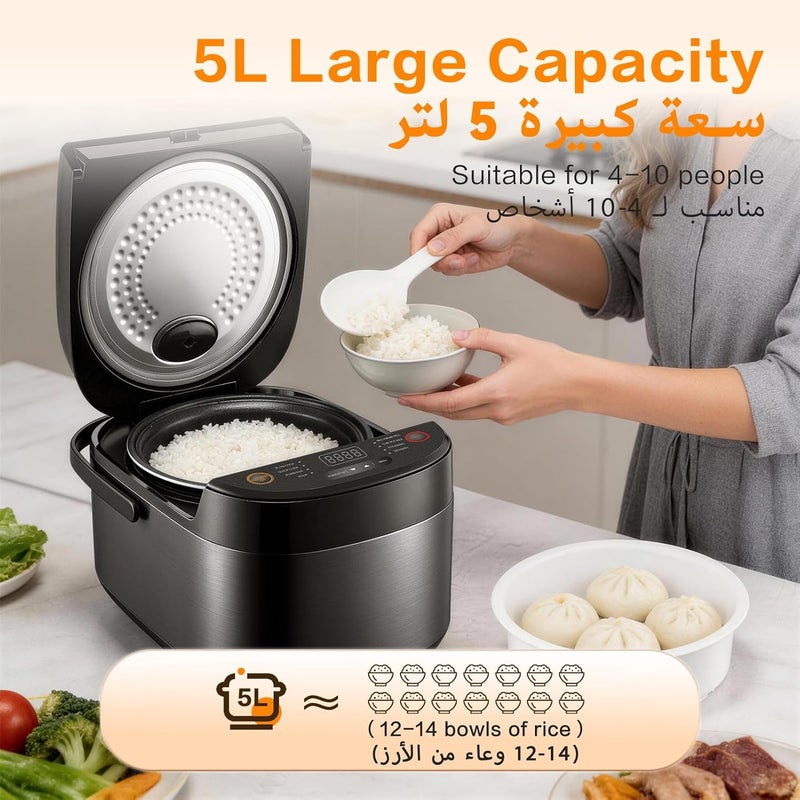 رويال ستار طباخ أرز كهربائي من ROYALSTAR مع قدر بخار وكوب قياس، سعة 5 لتر، قدر بخار للأرز، وعاء داخلي غير لاصق، إبقاء دافئ لمدة 24 ساعة ومؤقت لمدة 15 ساعة، 8 أوضاع قائمة للطعام الصحي، الحساء، الخضروات، الكيك - Image 2