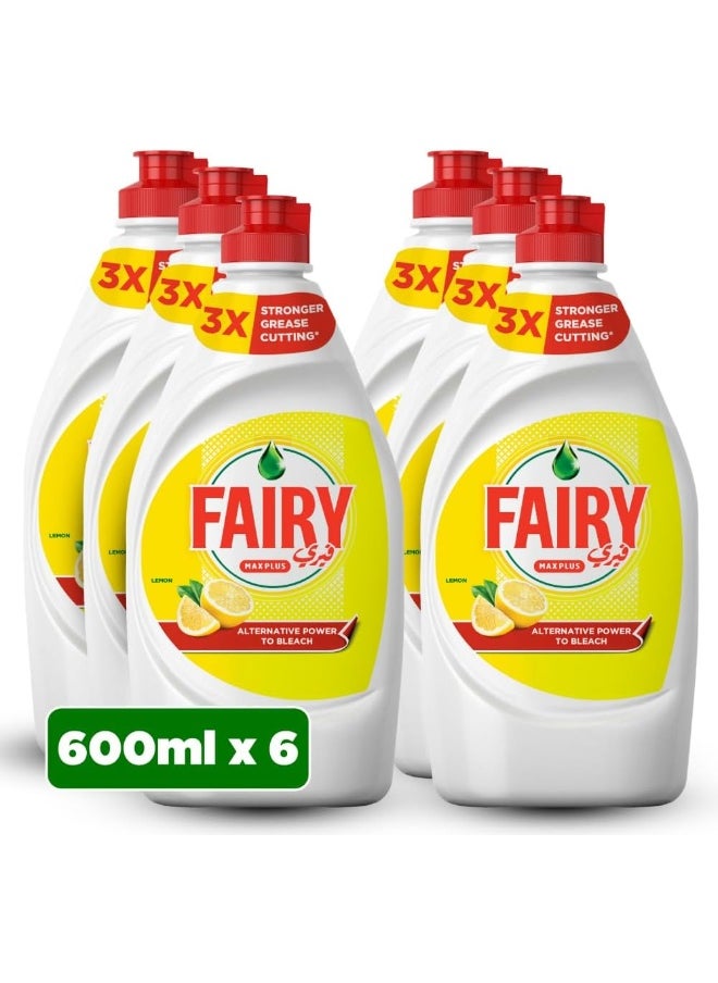 Fairy Fairy Max Plus Lemon Dishwashing Liquid with Bleach Alternative Power, 6x600ml  - Image 1