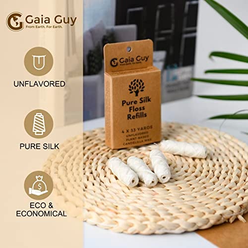 Gaia Guy Silk Dental Floss Refill | Unflavored Natural Silk | 4 spools x 33yds | Compostable, Sustainable & Biodegradable Silk Flossing Thread & Eco-Friendly Packaging - Image 4