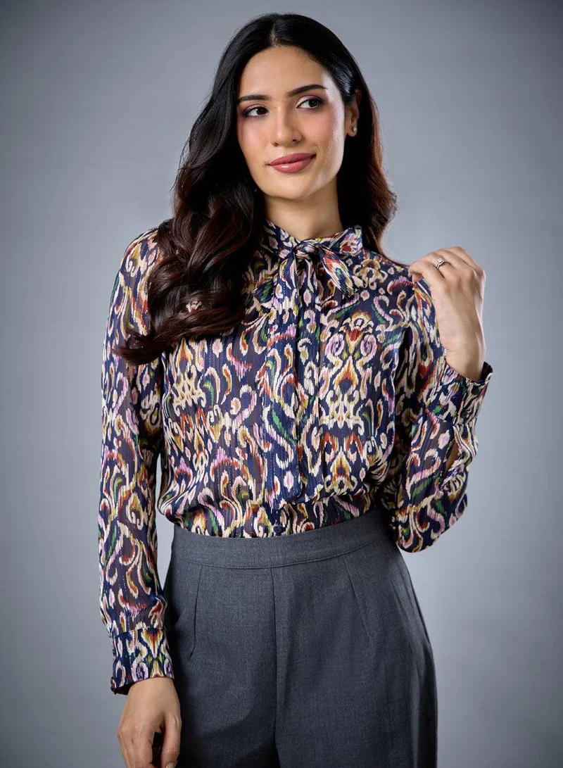 Zigzag Neck Tie Long Sleeve Blue Top