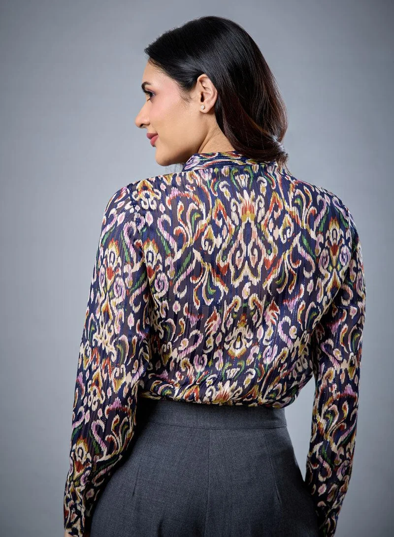 Zigzag Neck Tie Long Sleeve Blue Top