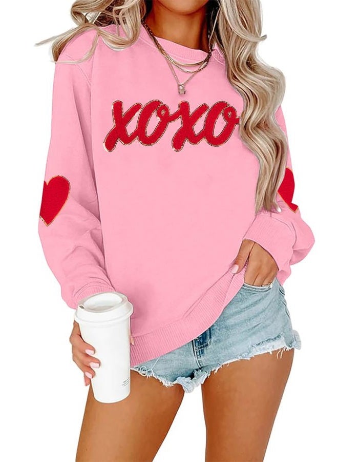 MAXIMGR Valentines Sweatshirts Women Love Sweatshirt - Embroidered Sequin Heart Shirts Valentine Gifts Pullover Tops, Pink 2, XL - Image 1