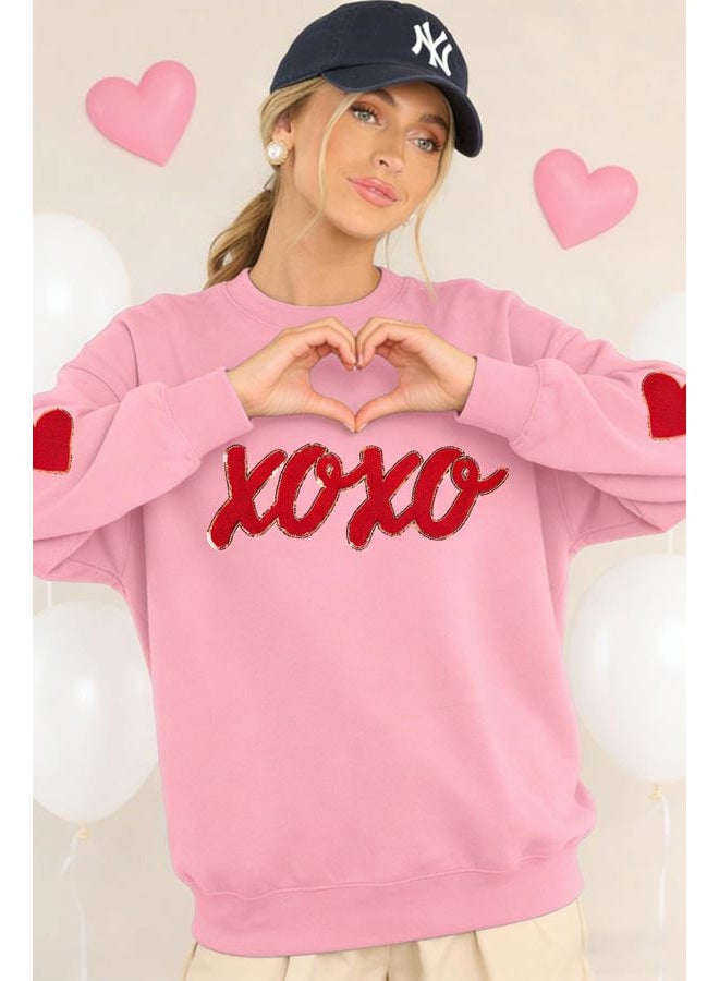 MAXIMGR Valentines Sweatshirts Women Love Sweatshirt - Embroidered Sequin Heart Shirts Valentine Gifts Pullover Tops, Pink 2, XL - Image 4