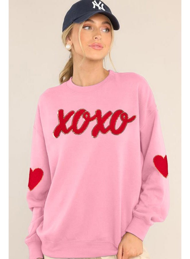 MAXIMGR Valentines Sweatshirts Women Love Sweatshirt - Embroidered Sequin Heart Shirts Valentine Gifts Pullover Tops, Pink 2, XL - Image 3