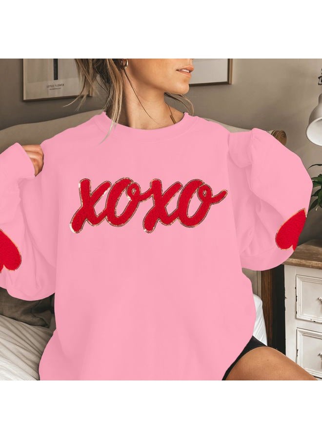 MAXIMGR Valentines Sweatshirts Women Love Sweatshirt - Embroidered Sequin Heart Shirts Valentine Gifts Pullover Tops, Pink 2, XL - Image 2