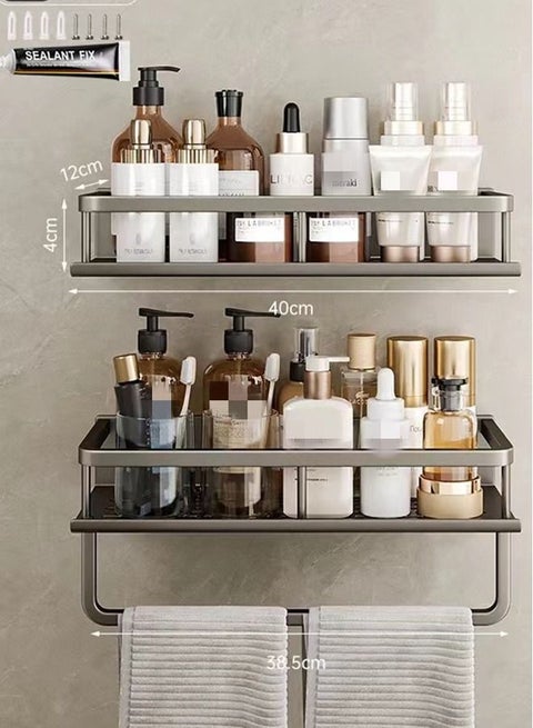 رف حمام 2 قطعة لتنظيم الشامبو والصابون مع حوامل حائط ورف منشفة رمادي 40 × 12 × 4 سم