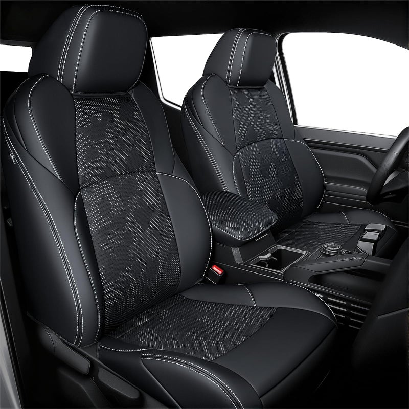 bgucar Leather Seat Covers Custom Fit for 20242026 Tacoma Gen 4th Double Cab Fully Covered Fit Like a Glove Center Console Armrest Covers Included Camouflage Black White Stitching - Image 3