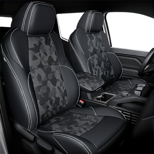 bgucar Leather Seat Covers Custom Fit for 20242026 Tacoma Gen 4th Double Cab Fully Covered Fit Like a Glove Center Console Armrest Covers Included Camouflage Black White Stitching - Image 1