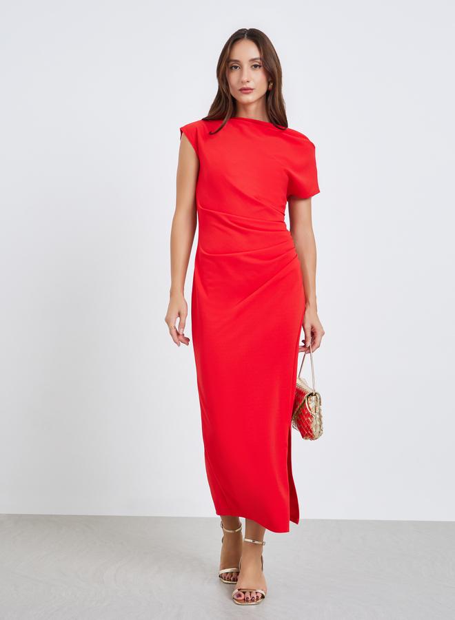 Take Two Women Red One Shoulder Side Slit Midi Dress - Image 3