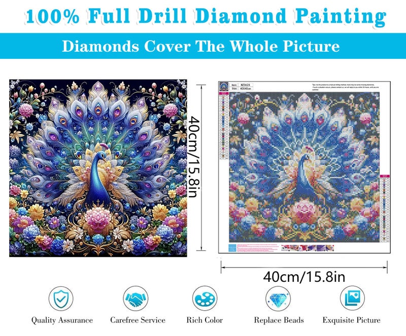 Meothan Diamond Art Kits for Adults, 5D DIY Colorful Peacock Diamond Painting Kits for Adults Beginners, Diamond Dots Kits Gem Arts Crafts for Living Room Bedroom Offices Home Wall Decor 16X16 Inch - Image 3