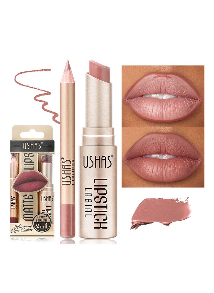 Ushas Matte Lipstick-2in1 Lipstick & Lipliner,Long Lasting Non-Stick Waterproof Lip Liner Lipstick for Women （Nude） - Image 1