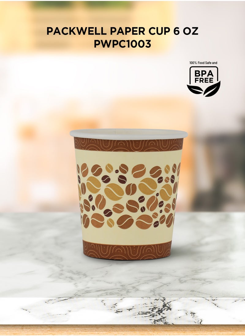 packwell Paper Cup- PWPC1003| 6.0 OZ, Premium-Quality, BPA-Free, Food grade and Hygienic| Perfect for Parcels, Large Gatherings, Takeout, Etc| Brown with Coffee Bean Prints  - Image 5
