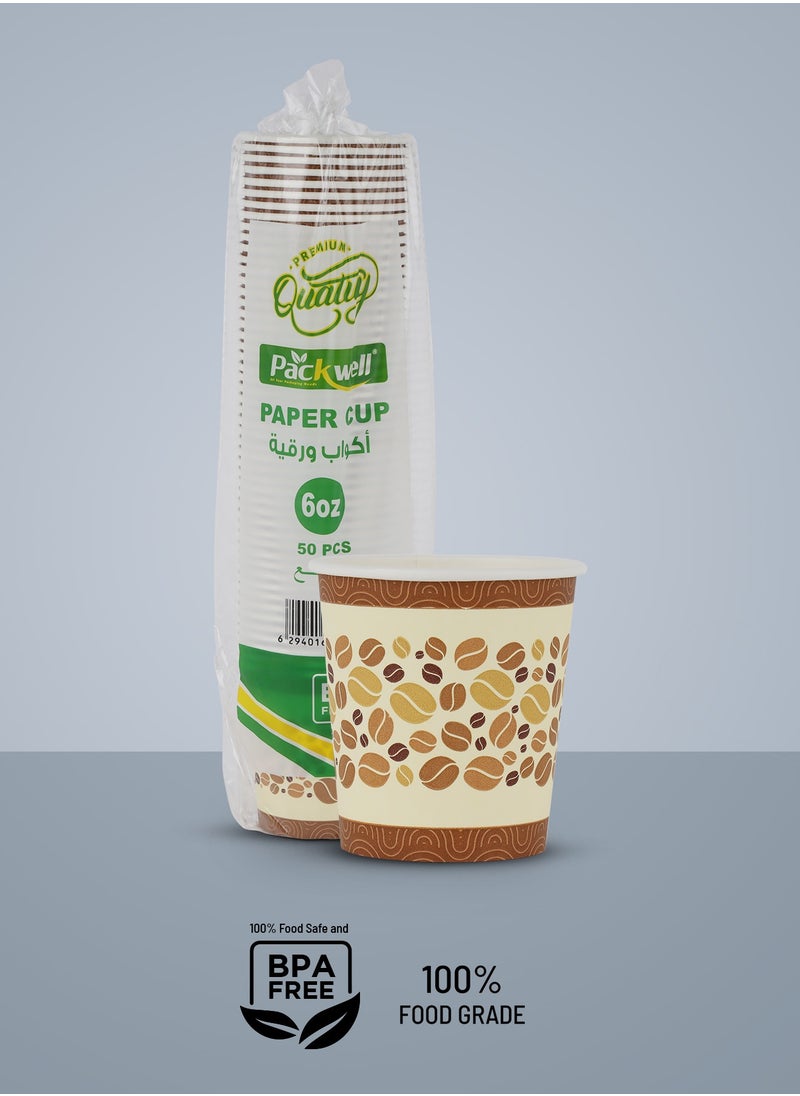packwell Paper Cup- PWPC1003| 6.0 OZ, Premium-Quality, BPA-Free, Food grade and Hygienic| Perfect for Parcels, Large Gatherings, Takeout, Etc| Brown with Coffee Bean Prints  - Image 1