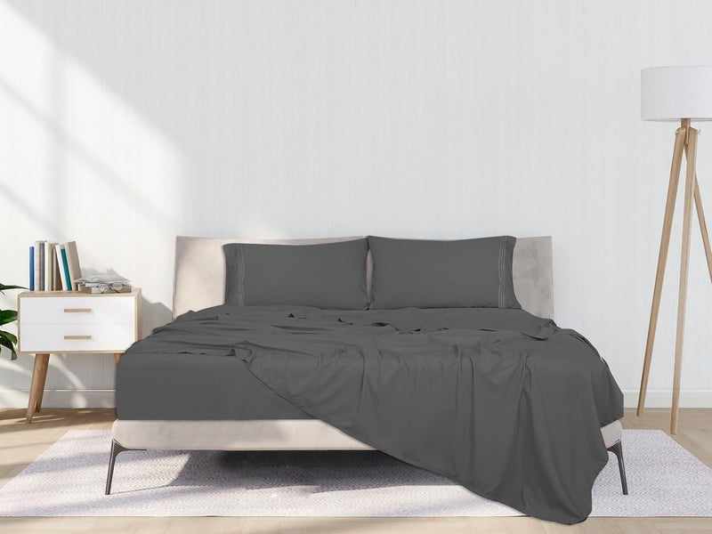ROYALE LINENS رويال لينينز - طقم شراشف كاليفورنيا كينج 4 قطع - فراش مايكروفايبر ناعم 1800 - 1 شرشف مجهز، 1 شرشف مسطح، 2 كيس وسادة - طقم شراشف كال كينج مقاوم للتجعد والبهتان (كينجكال، رمادي) - Image 5