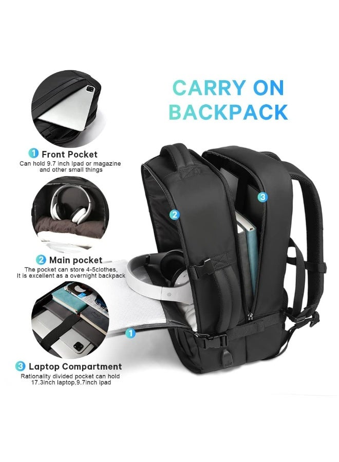 Men's Big Travel Backpack with USB Charging Port, 18 Inch Laptop Backpack, Waterproof Leather Business Rucksack, Carry On Big Bag with Anti-Theft Pocket & Luggage Strap - Black - Image 5