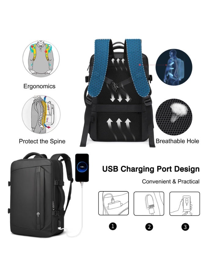 Men's Big Travel Backpack with USB Charging Port, 18 Inch Laptop Backpack, Waterproof Leather Business Rucksack, Carry On Big Bag with Anti-Theft Pocket & Luggage Strap - Black - Image 2