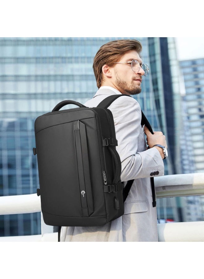 Men's Big Travel Backpack with USB Charging Port, 18 Inch Laptop Backpack, Waterproof Leather Business Rucksack, Carry On Big Bag with Anti-Theft Pocket & Luggage Strap - Black - Image 3