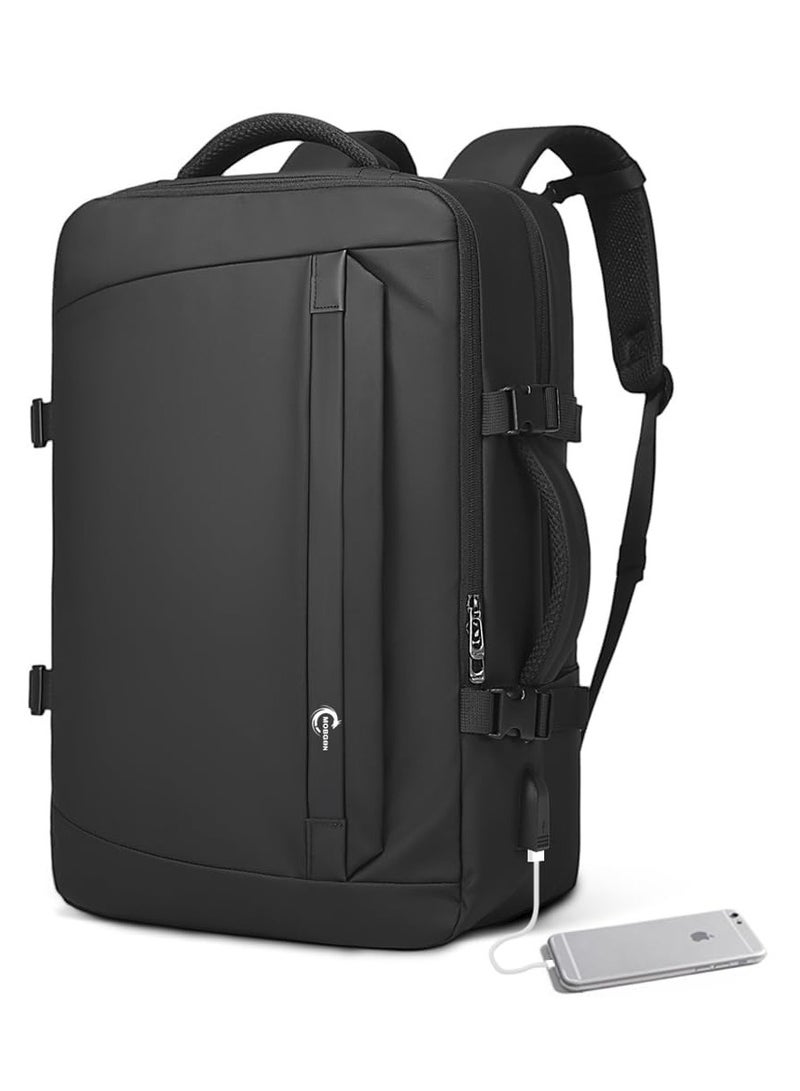 Men's Big Travel Backpack with USB Charging Port, 18 Inch Laptop Backpack, Waterproof Leather Business Rucksack, Carry On Big Bag with Anti-Theft Pocket & Luggage Strap - Black - Image 1
