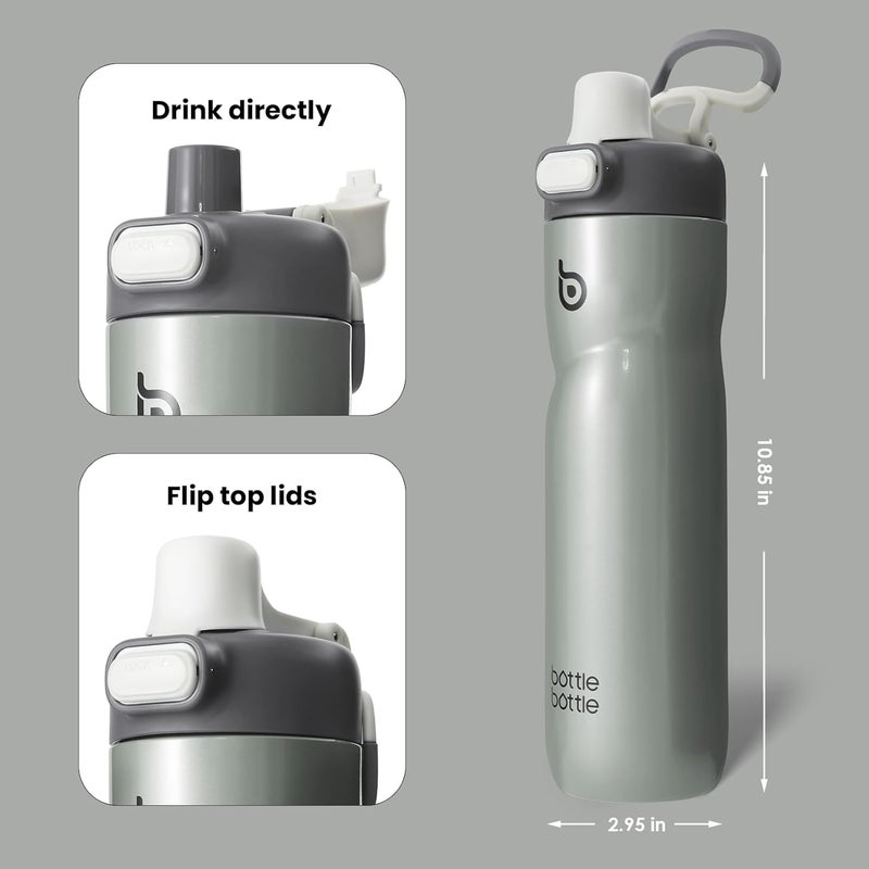bottle bottle زجاجة زجاجة معزولة للماء سعة 24 أونصة مع مقبض وأغطية قابلة للطي - مقاومة للتسرب ومحمولة للسفر والرياضة - رمادي - Image 4