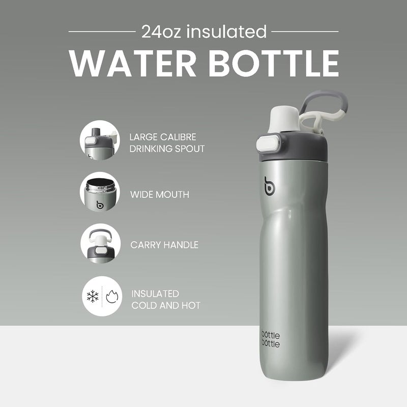 bottle bottle زجاجة زجاجة معزولة للماء سعة 24 أونصة مع مقبض وأغطية قابلة للطي - مقاومة للتسرب ومحمولة للسفر والرياضة - رمادي - Image 3