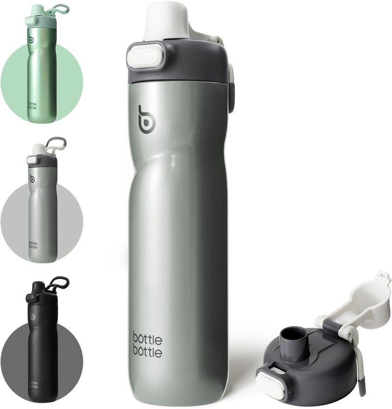 bottle bottle زجاجة زجاجة معزولة للماء سعة 24 أونصة مع مقبض وأغطية قابلة للطي - مقاومة للتسرب ومحمولة للسفر والرياضة - رمادي - Image 1
