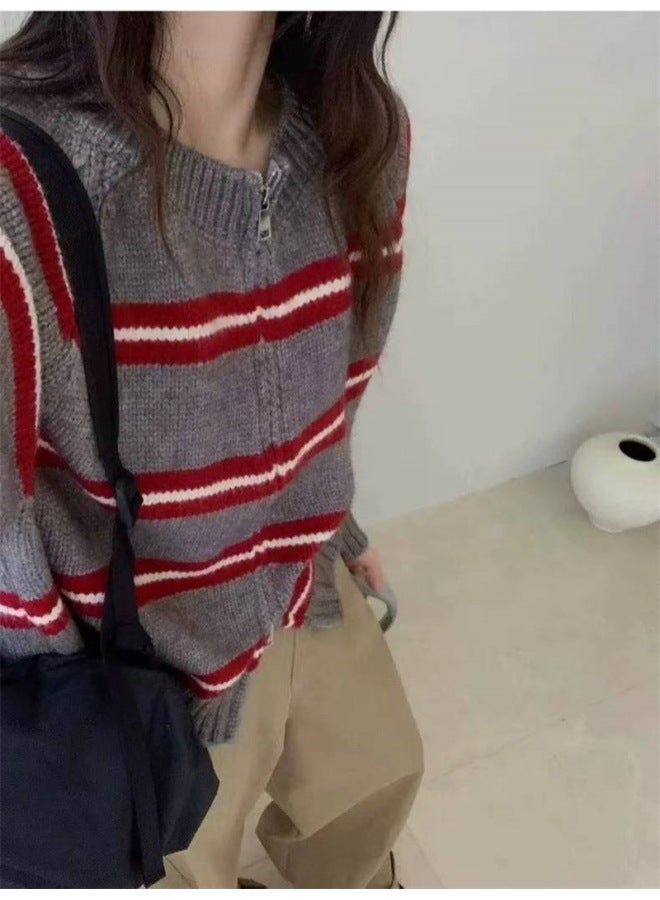 Leyuan Autumn Winter Double Zipper Contrast Color Stripe Round Neck Knitted Cardigan Coat Loose Lazy Women's Sweater - Image 2