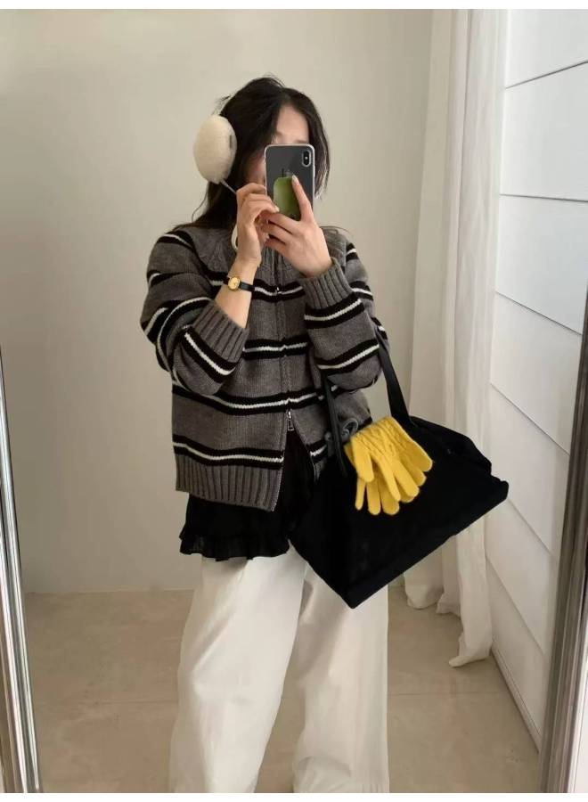 Leyuan Autumn Winter Double Zipper Contrast Color Stripe Round Neck Knitted Cardigan Coat Loose Lazy Women's Sweater - Image 5