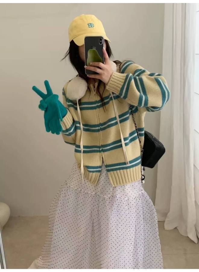 Leyuan Autumn Winter Double Zipper Contrast Color Stripe Round Neck Knitted Cardigan Coat Loose Lazy Women's Sweater - Image 3